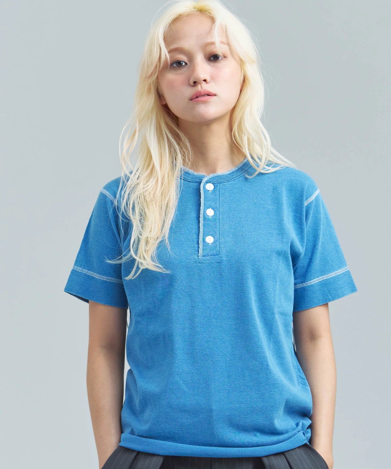 Healthknit/ヘルスニット INDIGO HENLEY NECK SHORT SLEEVE TEE