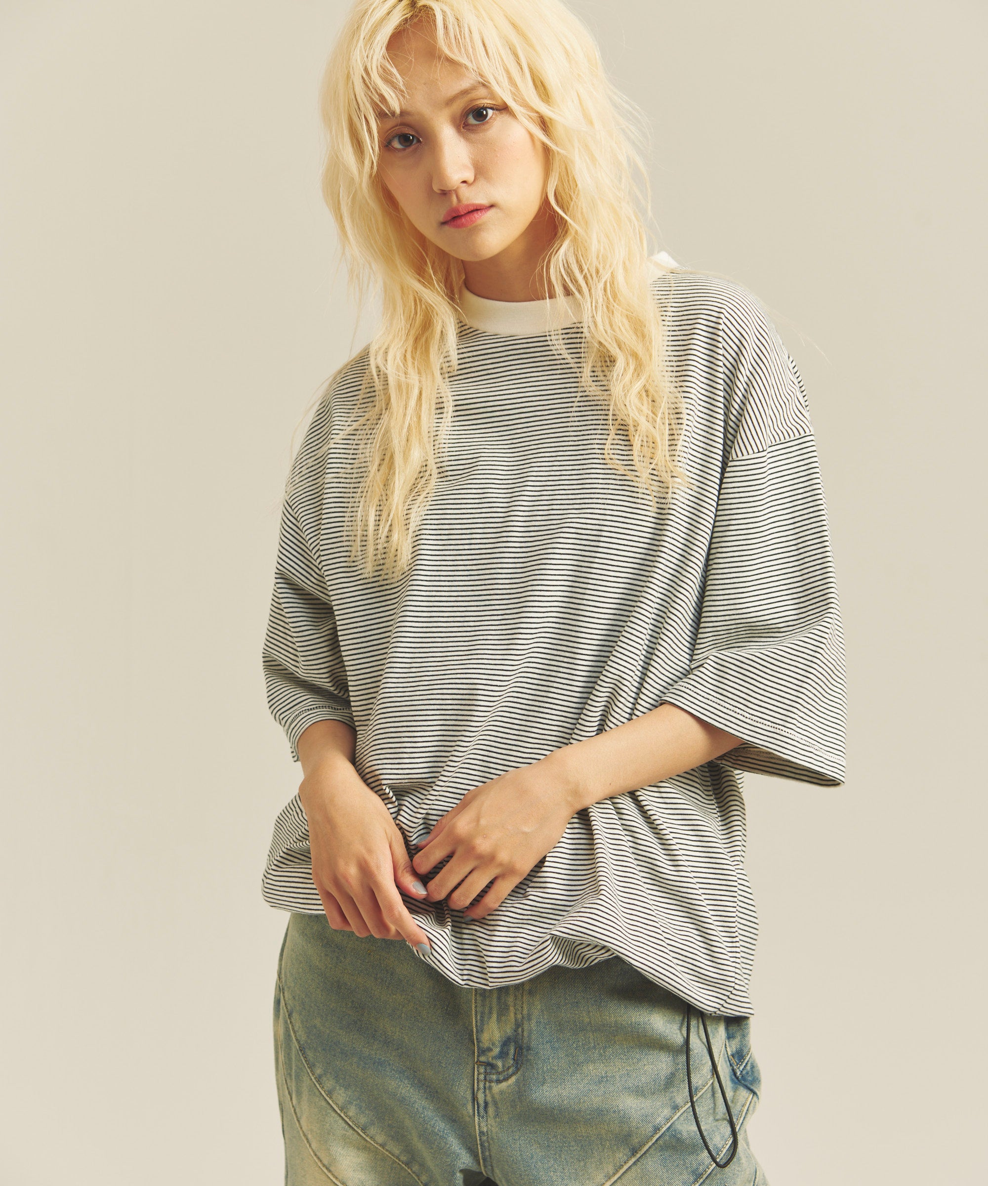 Healthknit NARROW BORDER JERSEY WIDE CREW NECK S/S TEE