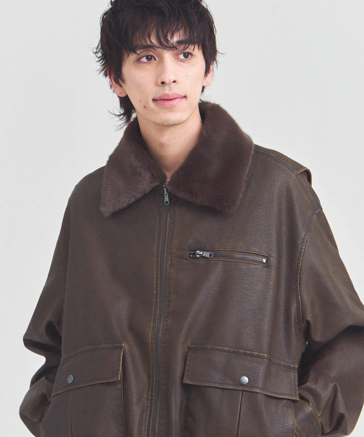 JE-ビンテージPU　衿ファー脱着フライトブルゾン