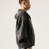 FUBU-Faux Leather Short Hooded Jacket