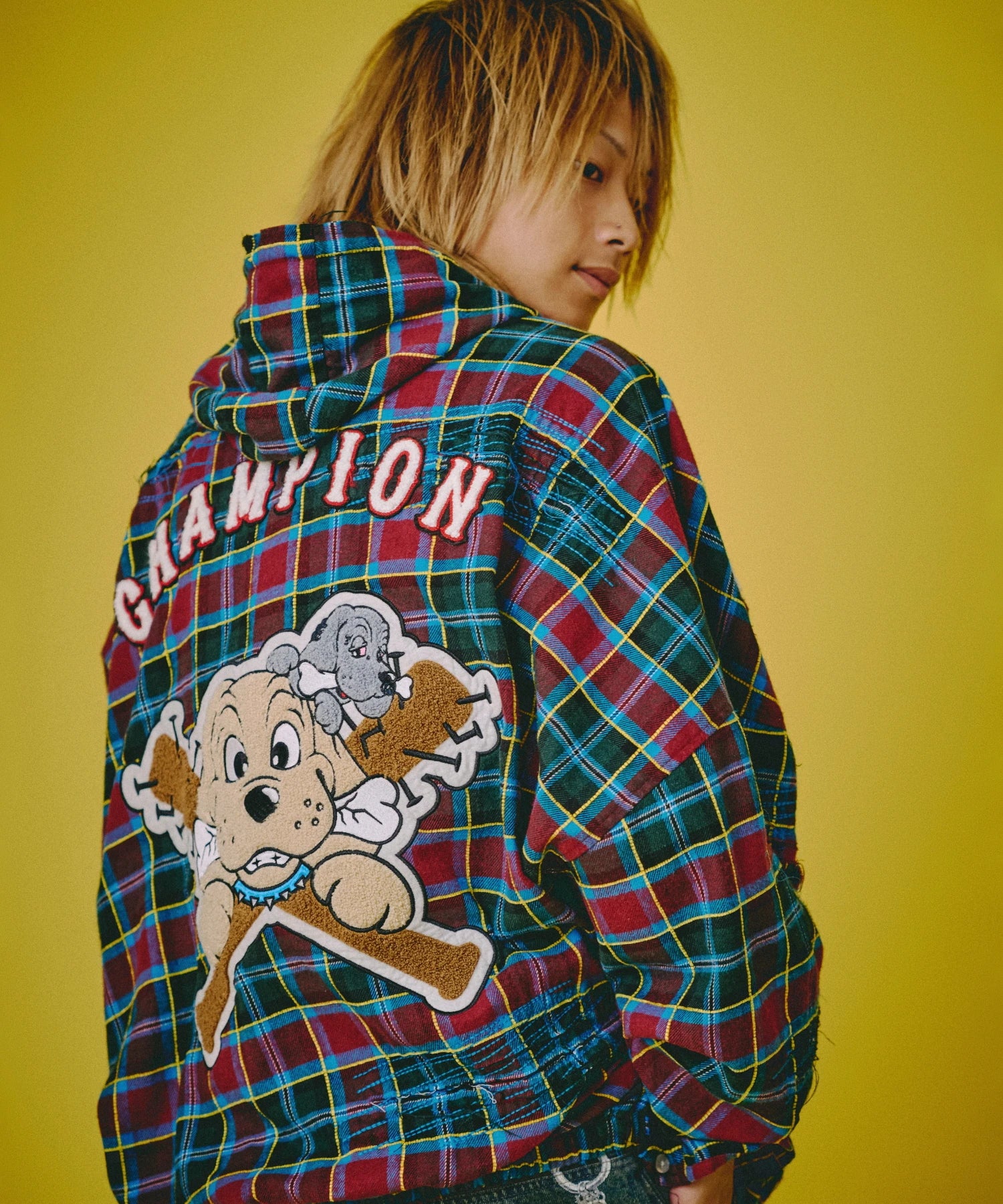 GALFY-ワッペンだらけチェックシャツパーカー