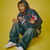 GALFY-ワッペンだらけチェックシャツパーカー