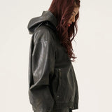 FUBU-Faux Leather Short Hooded Jacket