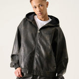 FUBU-Faux Leather Short Hooded Jacket