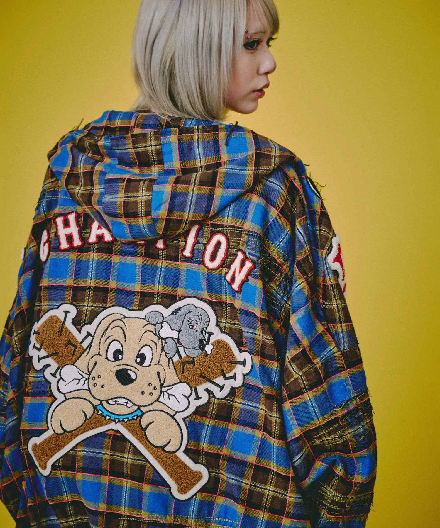 GALFY-ワッペンだらけチェックシャツパーカー