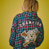 GALFY-ワッペンだらけチェックシャツパーカー