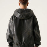 FUBU-Faux Leather Short Hooded Jacket