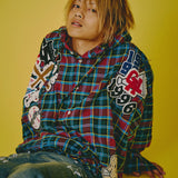 GALFY-ワッペンだらけチェックシャツパーカー