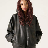 FUBU-Faux Leather Short Hooded Jacket